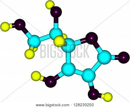 Structural model of Ascorbic Acid known as Vitamin C. Isolated on white background. 3d illustration
