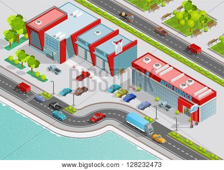 Poster of auto service composition with office garage technical service buildings on city quay isometric vector illustration