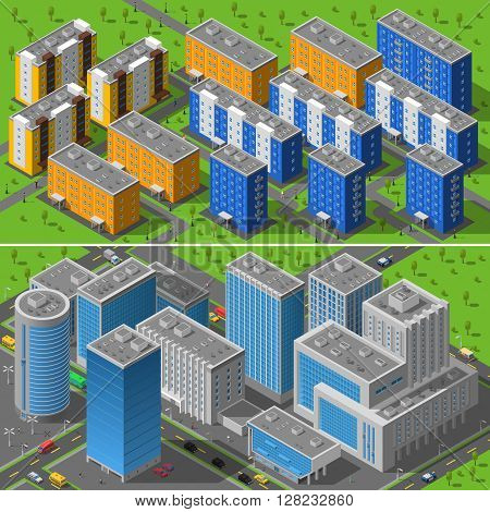 Modern city business center buildings and residential area apartments isometric horizontal banners composition abstract isolated vector illustration