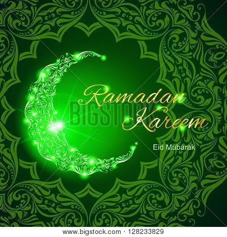Glowing ornate crescent with bright flare and asian floral ornament in background. Illustration in green shades. Greeting card of holy Muslim month Ramadan