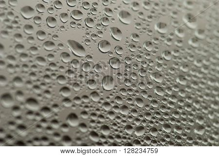 close-up of water drops on the gray background with town reflection.