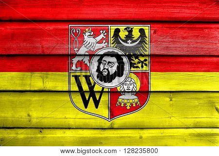Flag Of Wroclaw With Coat Of Arms, Poland, Painted On Old Wood Plank Background