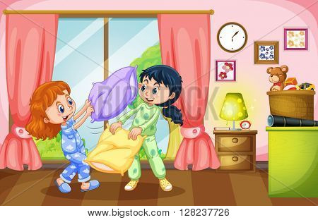 Two girls playing pillow fight illustration