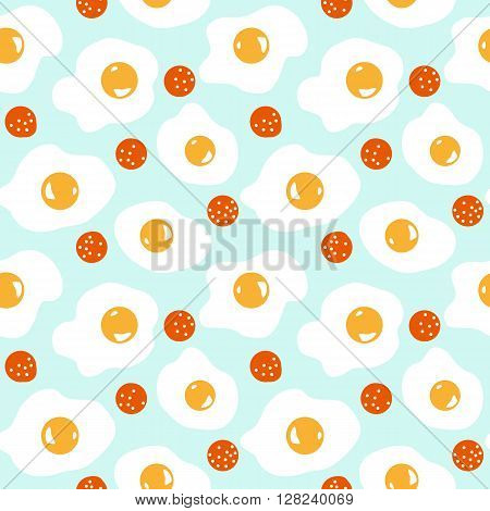 Cute seamless breakfast pattern with eggs and sausages