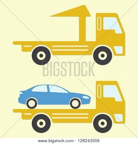 Tow truck or wrecker icon in flat design. Vehicle maintenance and repair. Colorful vector illustration.