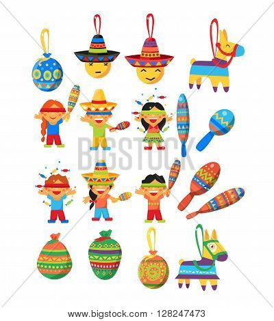 Mexican Trditional Fiesta Flat Childish Cartoon Style Drawn Colorful Elements Collection