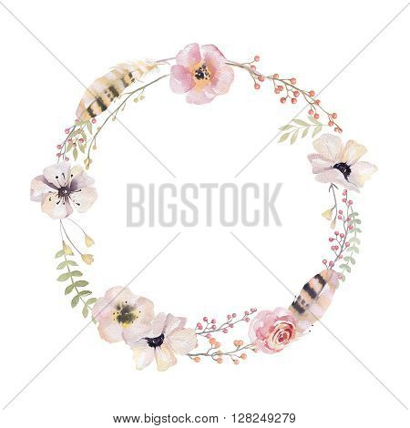 Watercolor floral wreath. Watercolour natural frame: leaves feathers flowers birds. Isolated on white background. Artistic decoration illustration. Save the date weddign design greeting card