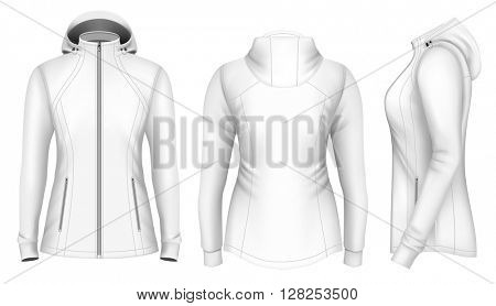 Softshell hooded jacket for lady. Fully editable handmade mesh. Vector illustration.