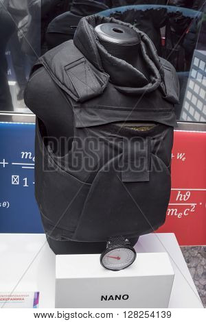 ROSTOV-ON-DON RUSSIA- APRIL 28 - The bulletproof vest of nanostructured ceramics at the exhibition center 