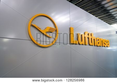 FRANKFURT, GERMANY - APRIL 07, 2016: close up shot of Lufthansa logo. Deutsche Lufthansa AG, commonly known as Lufthansa is a major German airline.