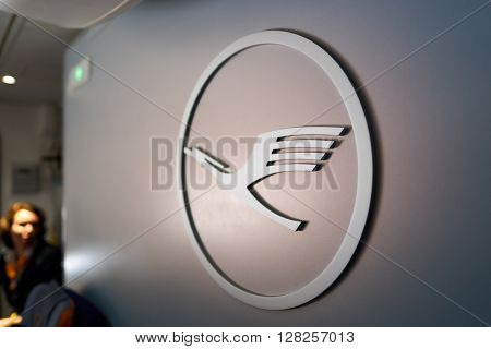 FRANKFURT, GERMANY - MARCH 13, 2016: close up shot of Lufthansa logo. Deutsche Lufthansa AG, commonly known as Lufthansa is a major German airline.