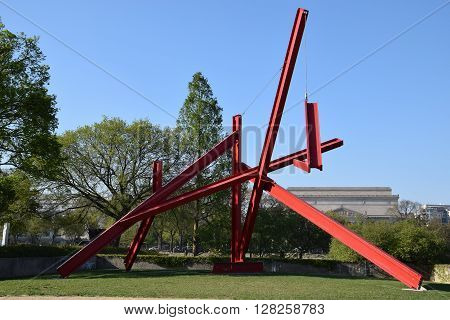 WASHINGTON, DC - APR 16: Are Years What sculpture by Mark di Suvero at the Hirshhorn Sculpture Garden in Washington, DC, on April 16, 2016. In 2013, the Sculpture Garden drew 645,000 visitors.