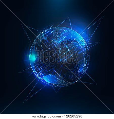Abstract futuristic realistic earth . Sci Fi globe at motion . Global network connection . 3d planet with linear callouts . International communication . Technology background . Vector illustration