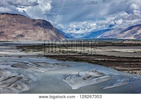 Nubra valley and Nubra river in Himalayas. Ladakh, Jammu and Kashmir, India