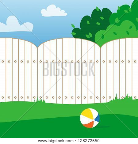 Rubber ball and grass field. House backyard. Playing ball inside the fence. Vector illustrations.