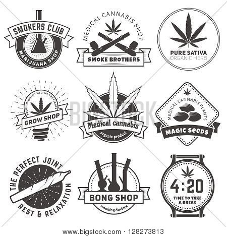Set of vector marijuana smoking badges. Medical cannabis labels