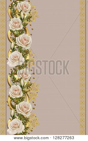 Vertical floral border. Pattern seamless. Old style gold border gold mosaic. Pastel roses floral background