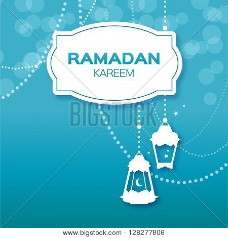 Blue Ramadan Kareem celebration greeting card. Hanging arabic lamps stars and crescent moon. Holy month of muslim. Symbol of Islam. Moon Ramadan. Vector illustration.