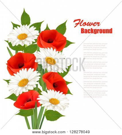 Nature flower background with red poppies and white daisies. Vector.