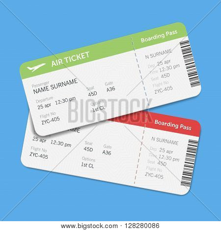Set of the airline boarding pass tickets with shadow. Isolated on blue background. Vector flat design