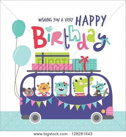 Birthday Card with group of cute animals in a bus