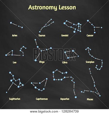A set of vector signs of the zodiac. Collection constellations drawn on the blackboard with chalk Design elements for design of printed materials and websites on the subject of astronomy and astrology