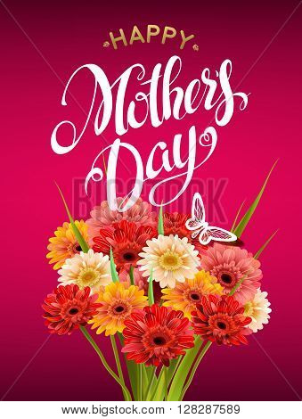 Mothers Day Lettering, poster, advertising of spring flowers Gerber. Summer bouquet of flowers on red background. Isolate sign and flowers.Vector illustration