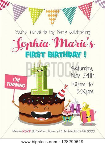Birthday Anniversary Numbers Candle with Funny Character & Birthday Party Invitation Card Template
