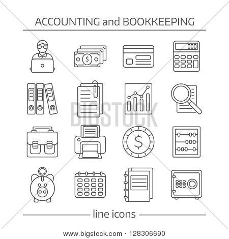Icon flat set with linear symbols of bookkeeping and accaunting vector illustration