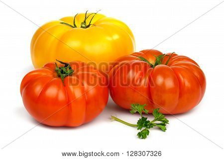 Fresh ripe red and yellow tomatoes and a sprig of parsley  isolated on white background.