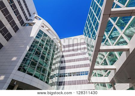 The Hague Netherlands - April 21 2016: New City Hall of The Hague. It was designed in 1986 by American architect Richard Meier and completed in 1995