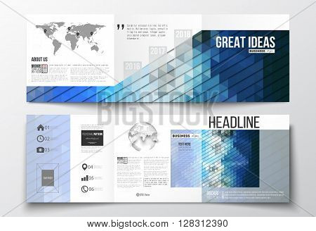 Vector set of tri-fold brochures, square design templates with element of world map and globe. Abstract colorful polygonal background, modern stylish triangle vector texture.