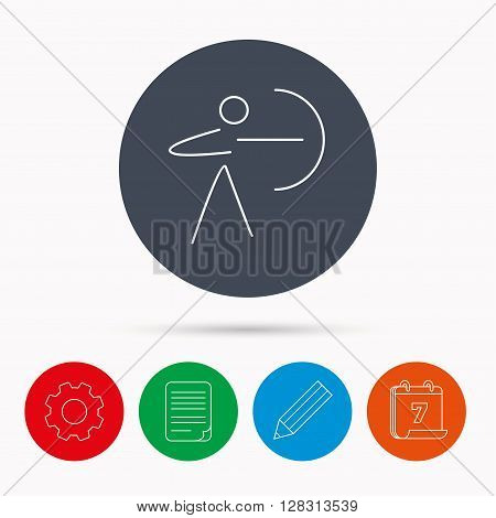 Archery sport icon. Archer with longbow sign. Aiming or targeting symbol. Calendar, cogwheel, document file and pencil icons.