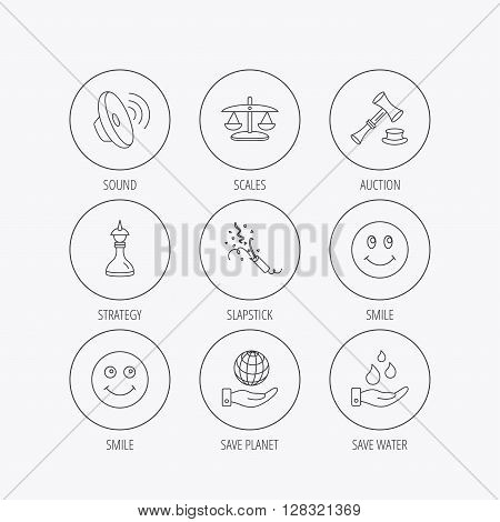 Scales of justice, auction hammer and strategy icons. Save planet and water linear signs. Smile, slapstick icons. Linear colored in circle edge icons.