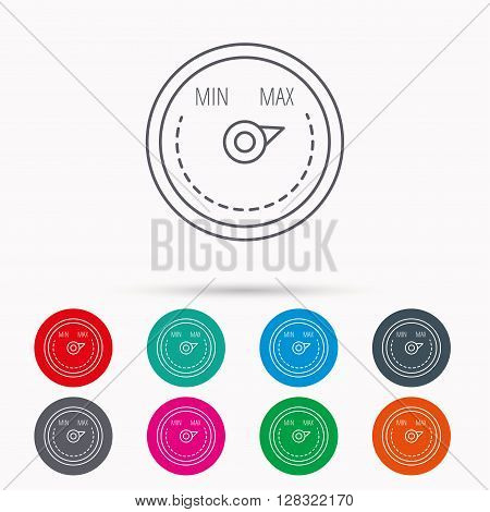 Heat regulator icon. Radiator thermometer sign. Linear icons in circles on white background.