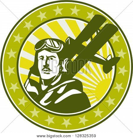 Illustration of a vintage world war one pilot airman aviator bust with spad biplane fighter planes sunburst and stars in background set inside circle done in retro style.