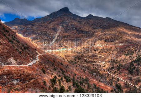 Beautiful famous curvy roads on Old Silk Route Silk trading route between China and India Sikkim