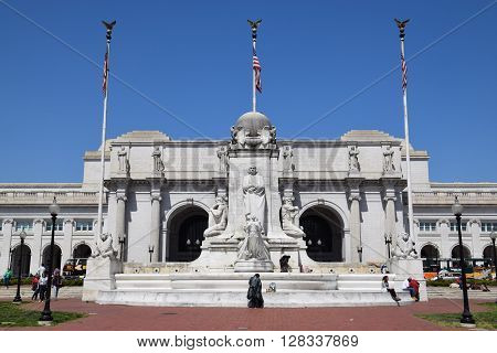 WASHINGTON, DC - APR 16: Columbus Statue at Union Station in Washington DC, as seen on April 16, 2016. Opened in 1907, it is Amtrak's headquarters.