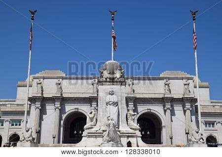 WASHINGTON, DC - APR 16: Columbus Statue at Union Station in Washington DC, as seen on April 16, 2016. Opened in 1907, it is Amtrak's headquarters.