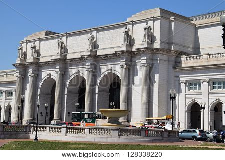 WASHINGTON, DC - APR 16: Union Station in Washington DC, as seen on April 16, 2016. Opened in 1907, it is Amtrak's headquarters.