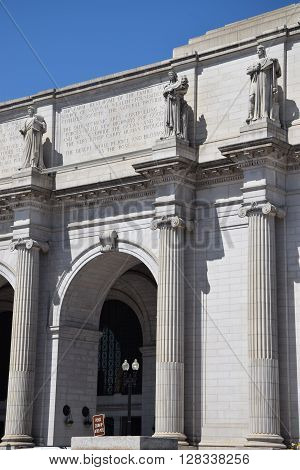 WASHINGTON, DC - APR 16: Union Station in Washington DC, as seen on April 16, 2016. Opened in 1907, it is Amtrak's headquarters.