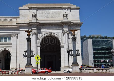WASHINGTON, DC - APR 16: Union Station in Washington DC, as seen on April 16, 2016. Opened in 1907, it is Amtrak's headquarters.