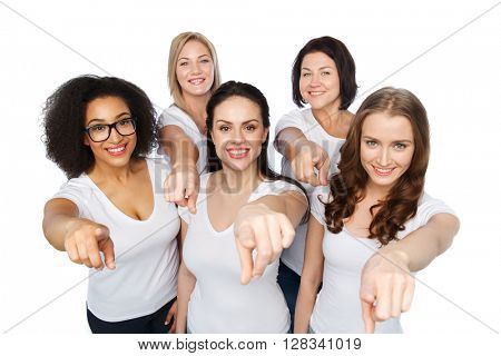 choice, friendship, body positive, gesture and people concept - group of happy different size women in white t-shirts pointing finger on you