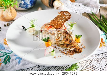 Salad with King Red Crab and Vegetables. Garnished with Grilled Wachtel