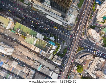 Aerial View Of Traffic Junction And Transportation Road In City, Top And Birdeyes View Shot 90 Degre