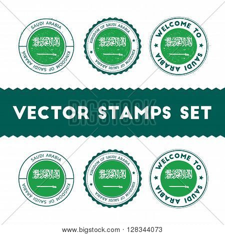 Saudi Arabian Flag Rubber Stamps Set. National Flags Grunge Stamps. Country Round Badges Collection.