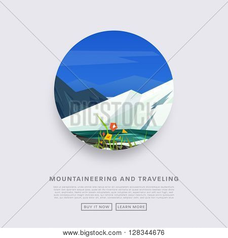 Mountaineering and Traveling Vector Illustration. Landscape with Mountain Peaks. Extreme Sports, Vacation and Outdoor Recreation Concept. Pine Forest.