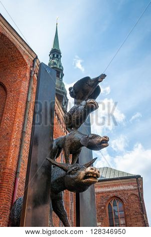 RIGA LATVIA - AUGUST 8: Sculpture of the Town Musicians of Bremen 