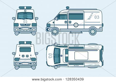 Set stock vector illustration isolated ambulance car top, front, side, back view line style white background Element info graphic, website, icon