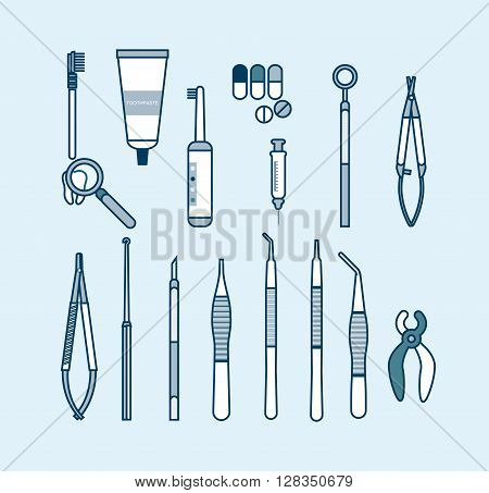 Stock vector illustration set of dental office with dental equipment in line style element for info graphic, website, icon, games, motion design, video